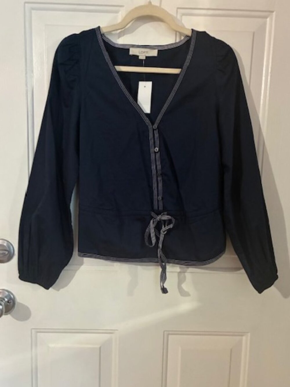Dark blue, Navy LOFT blouse with white stitching